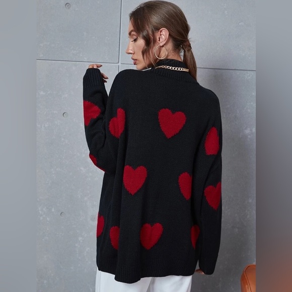 Heart Pattern Mock Neck Drop Shoulder Sweater - Picture 2 of 7